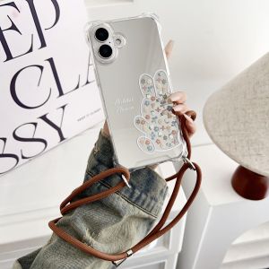Fashionable Acrylic Phone Case for  16 pro with Flower And Rabbit Design Womens Style Crossbody Lanyard Simple Couples Choice