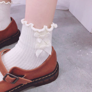 ถุงเท้าผ้าฝ้ายลายปมผีเสื้อสไตล์ญี่ปุ่นสำหรับผู้หญิง ถุงเท้าสั้นทรงหัวใจ ถุงเท้าคอตตอน ถุงเท้าครึ่งแข้ง เหมาะกับฤดูใบไม้ผลิและฤดูใบไม้ร่วง