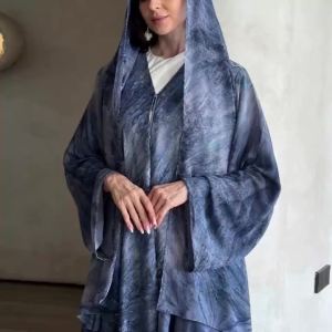 Horetong 2026 Muslim Abaya Robe Women Marble Print Chiffon V Neck Long Sleeve Loose Modest Islamic Elegant Casual Maxi Dress