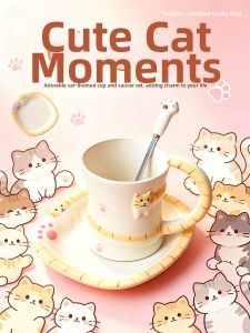Cute Cat Pattern Ceramic Coffee Cup and Saucer Set Home Use Gift