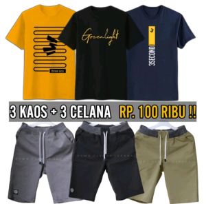 Paket Promo 100rb dapat 3 Kaos dan 3 Celana Pendek Chinos Pinggang RIB Melar | Kaos Motif Distro COD