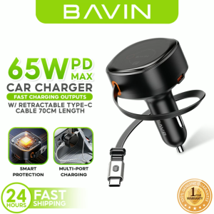 BAVIN PC2139 3-in-1 65W PD Fast Charge Car Charger Built-in Retractable Type-C Cable | USB-A+USB-C Port for Phone/Laptop