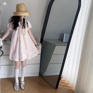 Sweet Princess Dress for Girls Summer Cotton Bubble Sleeve Dress with Butterfly Knot Flower Bud Long Dress Soft Leather Material