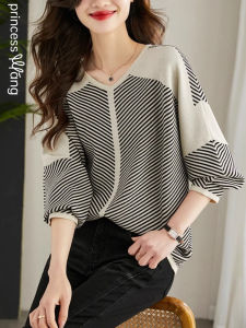 WANGGONGZHU | Fashionable Striped Long Sleeve Womens T-shirt Autumn 2025 New Style Beautiful Color Block Lazy Base Shirt Design Sense