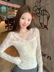 GUZILIAN | Korean Style Lace Embroidery Base Shirt Womens Autumn Winter Inner Design Unique Exquisite Super Beautiful Top Simple Commute Style