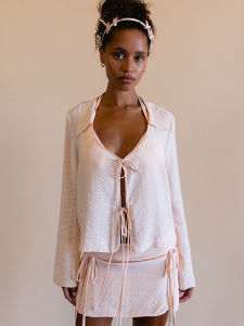 Original Design Loose Acetate Shirt in Light Pink with Belt Summer Vacation Style Womens Premium Fashion Top by My Mum Made It