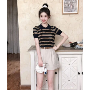 YUEZHONGWEI | Slim Fit Striped Polo Shirt Womens Short Sleeve T-Shirt Korean Style Commute Fashion Summer New Arrival Casual Wear
