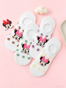 Disney | 4 Pairs of Fashionable Sweet and Cute Cartoon Minnie Pattern Invisible Socks With Polka Dot Print for Womens Anti Slip Socks