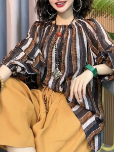 QINGNAER | Striped Vintage Plus Size Shirt Lightweight Summer Vacation Wear for Women