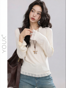 YOUXIANG | Áo Thun Lót Mùa Thu Có Tay Loe Và Viền Ren