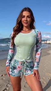 Bộ Đồ Bơi Tankini Mới 2025 Dành Cho Nữ Họa Tiết Nhiệt Đới Tay Dài Bộ Bikini Đồ Bơi Bãi Biển Quần Short Cạp Cao