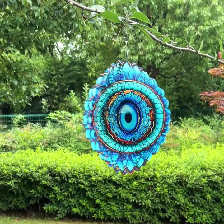 3D Wind Spinner Mandala 10 Inch Evil Eye Stainless Steel Wind Sculpture Blue Hanging Ornament Cut Metal Art for Indoor Outdoor Garden Decoration Amulet for Home and Yard