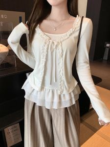 Elegant Pure Desire White Belted Long Sleeve T-Shirt Womens Autumn Winter Slimming Top Korean Style Commute Fashion