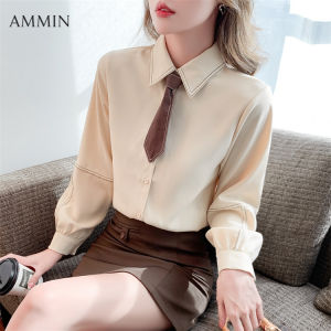 AMMIN Áo Sơ Mi Nữ Dài Tay Thắt Nơ Ngọt Ngào Cá Tính Phong Cách Hàn Quốc Áo Voan Tay Phồng Dễ Phối Thời Trang Mới Và Thanh Lịch Áo Cánh Công Sở Thường Ngày
