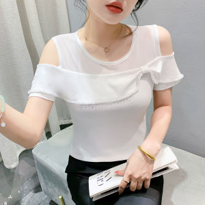 Yimei Áo Thun Trễ vai đính hạt thời trang ngắn tay mới mùa hè cổ tròn ôm vừa đa năng với phiên bản Hàn Quốc Áo trắng viền diềm Xếp Nếp