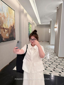 Loose Fit Womens Two-Piece Set White Half-Skirt Shirt Cotton Linen Blend Comfortable Sensation Office Commute Style POLO Collar