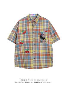เสื้อเชิ้ตแขนสั้นลายสก็อตปักลายแมวสไตล์ย้อนยุคสไตล์อเมริกัน MOISHE TIDE สำหรับผู้ชายและผู้หญิง ทรงหลวม ทรงหลวม ทรงหลวม