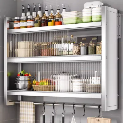 Stainless Steel Kitchen Wall Mounted Cabinet Rack Thickened with Sliding Door Bowl Cabinet Closed Home on Wall No Punching