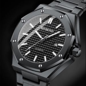 BINBOND 0233 Luxury Fashion Mens Quartz Watch Stainless Steel Large Dial Waterproof Night Light Mens Watch Clock