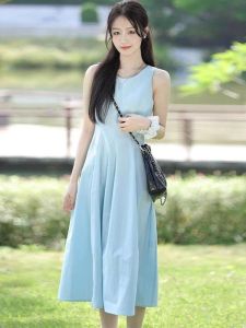 French Style Ice Blue Sleeveless Vest Dress Womens Summer New Slimming High Waist A-Line Dress Casual round Neck Zipper Back