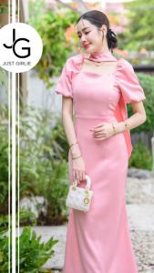 Dress Valencia เดรสยาวผ้าซาติน ดีไซน์เรียบหรู ดูดี มีผ้าพันคอ ชุดเดรสใส่ออกงาน งานแต่ง เดรสสวยๆ ราคาถูก มีไซส์ S M L