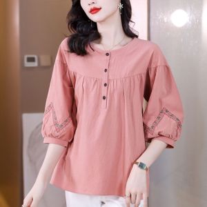 QIAOXIZI | Cotton Linen Womens Shirt Medium Sleeve