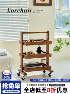 NORCHAIR Simple Vintage Wooden Coffee Table Side Cart with Wheels for Living Room Storage Organizer Real Wood Corner Table