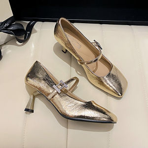 French Rhinestone Strap Square Head High Heels Womens Soft Leather Mary Janes Slip-On Shoes Fine Heel New 2025 Fashion