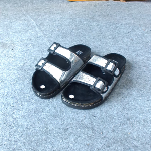 Mikihas - Sandal Slide Wanita Platform Slip On Kekinian Kulit Sintetis Glossy Corak - Luniva Silver