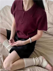 SHUQINGLAI | Áo Thun Bó Đan Cổ Polo Nửa Dây Kéo Lụa Băng Women