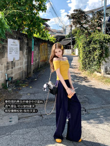 High Waist Wide Leg Pants Loose Fit Casual Lazy Style Denim Look Long Trousers Ashy Snow Brand Womens Fashion