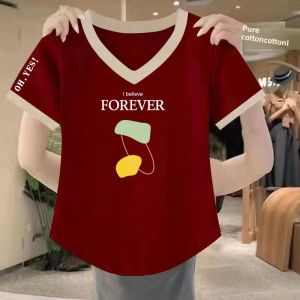 New 2025 Womens Color Block Short Sleeve T-Shirt V-Neck Loose Casual Summer Cotton Top Fashionable Youthful Pure Cotton Shirt
