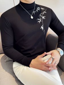 New Chinese Style Long Sleeve Embroidered T-Shirt Mens Slim Fit Fashionable Half High Collar Base Shirt Cotton Polyester Blend Winter Youth Casual Fashion Urban Style
