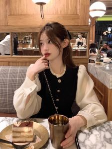 ชุดเดรสยาวแขนยาวสไตล์ฝรั่งเศสหวานๆ สำหรับผู้หญิง กระโปรงทรงเอ คอตั้ง แขนยาว ฤดูใบไม้ร่วง 2024 ชุดทำงานสไตล์เกาหลี