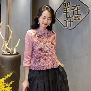 Flagship Store Classy Withdraw from Cupboard Big Sale European Goods Genuine Goods Clearance Fashion Machine Embroidery Cotton and Linen Shirt Female Chinese Style Top