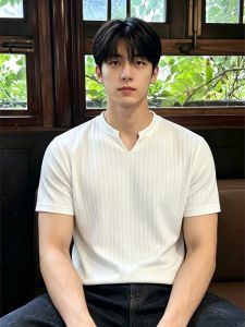 OUMULONG | White V-Neck Knit Summer T-Shirt