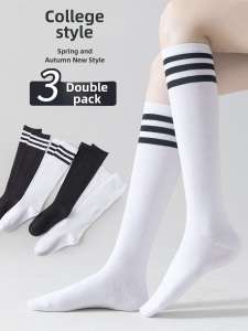 Womens High-Tube Socks Cotton Thin Model Half-Length Autumn Season Black Color School Style JK Trendy Socks for Spring And Autumn