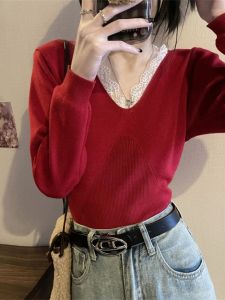 Elegant French V-neck Knitwear Long Sleeve Lace Splicing Autumn Winter New Style Womens Fashionable Base Shirt Reddish Brown