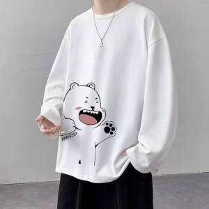 Spring Autumn round Neck Bear Print Long Sleeve Mens Thin Loose Base Shirt Teenage Boys Students Versatile Top Clothes