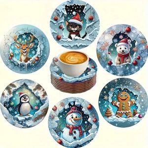 6 pieces/set of Christmas-style patterned wooden anti-slip coasters suitable for bar and cafe decoration anti-slip coasters
