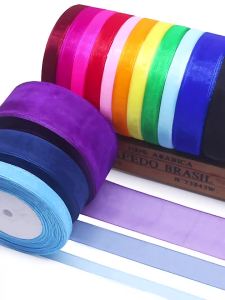 Ruộng Vải Organza Chất Lượng Cao Rộng 10mm Dài 50 Yard Dùng Trang Trí Nơ Cưới Quà Tặng Trang Trí Tiệc Làm Thủ Công DIY Chất Liệu Polyester Màu Trơn