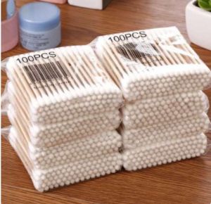 100Pcs/Pack Cotton Swabs Bamboo Stick White with Plastic Wrapper Eco Friendly