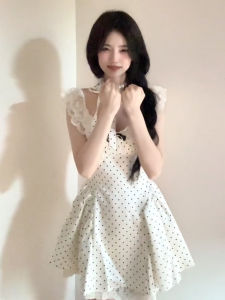 Dear Bird | Summer 2025 White Polka Dot Mini Dress Womens Fashionable High Waist Short Skirt Sweet Japanese Style A-Line Gown Without Sleeve