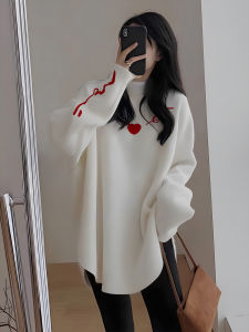 Printed Half-High Collar Dervo Base Shirt Womens Autumn Winter Loose Inner Wear Top Medium-Length Long Sleeve White T-Shirt