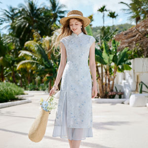 XIANGYING | Traditional Chinese Style Printed Waist-Cinching Blue Dress