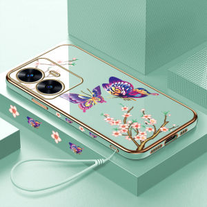 （Free Lanyard）Hontinga Softcase Case Casing hp OPPO A57 2022 A58 A5S A60 A7 A74 A76 A79 A77S A83 A9 2020 A91 A92 A95 A93 2020 A78 A3X Casing Butterfly Warna Solid Mewah Berlapis Lembut silikon TPU kesing Case hp Anti Gores Air Karet untuk Anak softcase