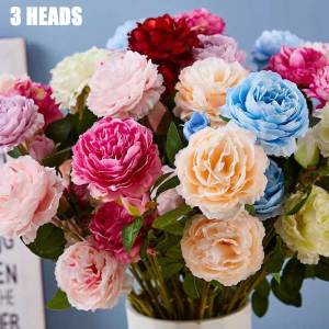 ดอกไม้ปลอมกุหลาบผ้าไหมก้านดอกดอกโบตั๋นปลอมยาว60ซม. 3หัวสำหรับตกแต่งบ้านโต๊ะคริสต์มาสงานฝีมือ Diy สำหรับตบแต่งงานแต่งงาน