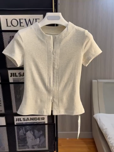 korean v-neck women‘s short sleeve double zippers t-shirt cacual cropped top