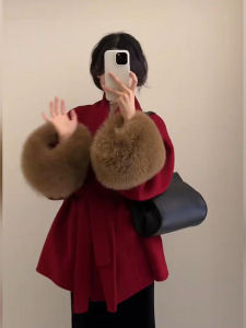 Plus Size Fancy Fujia Qianjin New Year Red Woolen Coat Womens Fall and Winter Elegant Socialite Furry Cuff Coat