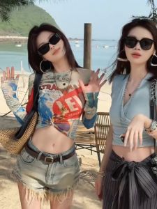 VKSOD | Beach Vacation Style Long Sleeve T-Shirt Women Summer Sun Protection Denim Hole Short Pants Hot Pants Set Round Neck Overhead